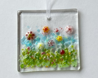 Fused Glass Flower Meadow Suncatcher, Mothers Day Gift, Birthday Present, Thank you