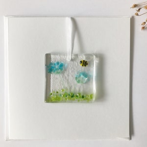 Handmade Fused Glass Card with detachable hanging decoration, fused glass keepsake, thank you birthday get well teacher mothers day card Turquoise Flowers