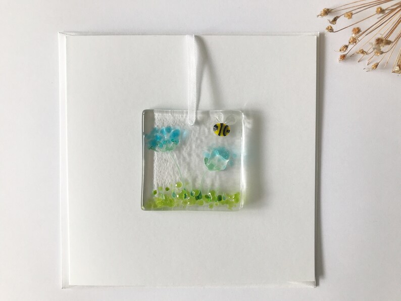 Handmade Fused Glass Card with detachable hanging decoration, fused glass keepsake, thank you birthday get well teacher mothers day card Turquoise Flowers