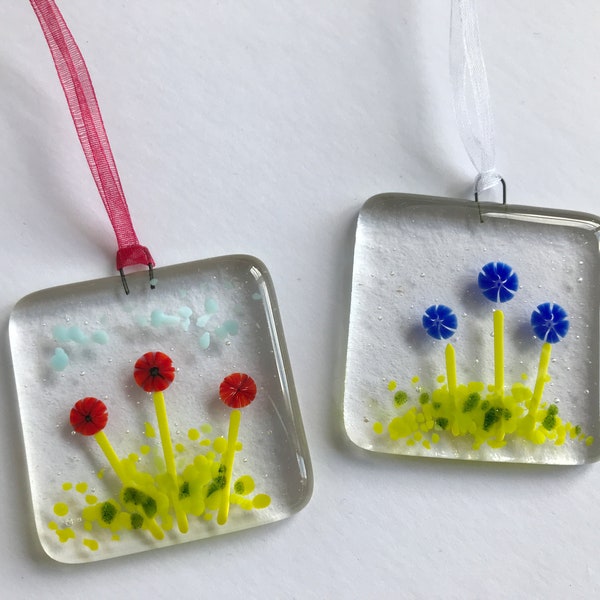 Fused Glass Mini Suncatcher, Handmade Fused Glass Art, Hanging Decoration, Cornflowers, Poppies, Birthday, Teacher, Thank you Letterbox Gift