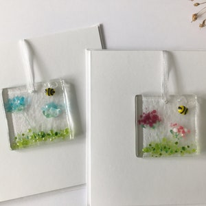 Handmade Fused Glass Card with detachable hanging decoration, fused glass keepsake, thank you birthday get well teacher mothers day card image 2
