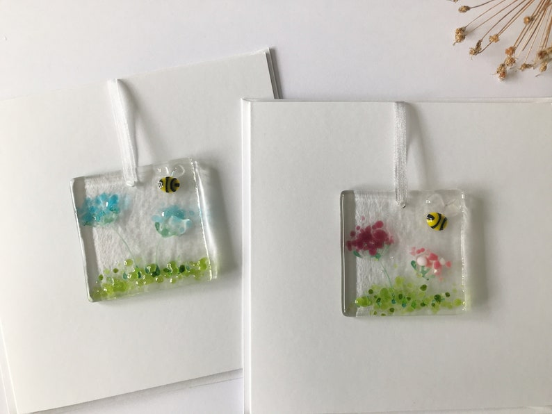 Handmade Fused Glass Card with detachable hanging decoration, fused glass keepsake, thank you birthday get well teacher mothers day card image 2