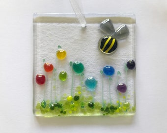 Fused Glass Rainbow Flowers Suncatcher, Bright Cheerful Light Catcher, Fused Glass Hanging Decoration, Bee Fused Glass Teacher Birthday Gift