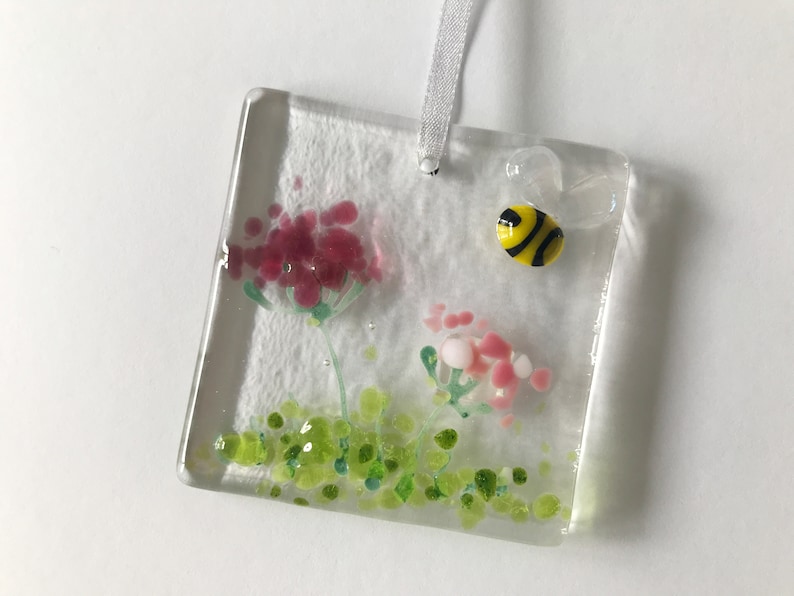 Handmade Fused Glass Card with detachable hanging decoration, fused glass keepsake, thank you birthday get well teacher mothers day card afbeelding 4
