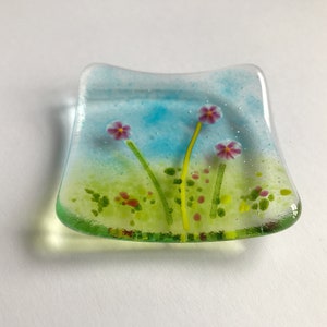 Fused glass trinket dish, jewellery, ring, earring dish, blue pink murrini flowers, handmade fused glass art, Mothers Day, thank you gift image 5