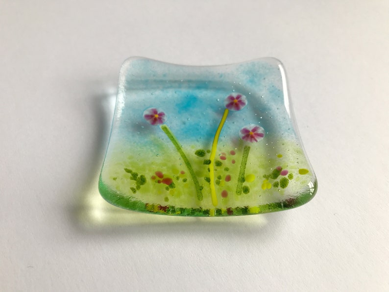 Fused glass trinket dish, jewellery, ring, earring dish, blue pink murrini flowers, handmade fused glass art, Mothers Day, thank you gift image 5