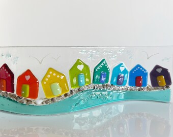 Fused Glass Beach Huts Panel, Rainbow Beach Huts Freestanding Wave, Suncatcher, Fused Glass Art Gift Present, Home Decor