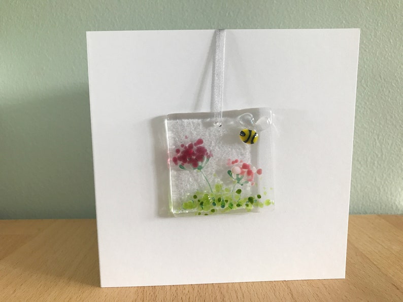 Handmade Fused Glass Card with detachable hanging decoration, fused glass keepsake, thank you birthday get well teacher mothers day card image 9