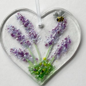 Fused Glass Heart Suncatcher: Lavender & Bee Decoration