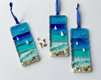 Fused Glass Sea Ocean Beach Yachts Suncatcher, Light Catcher, Fused Glass Art, Fused Glass Wall Art Decor, Gift, Turquoise Blue Aqua Waves
