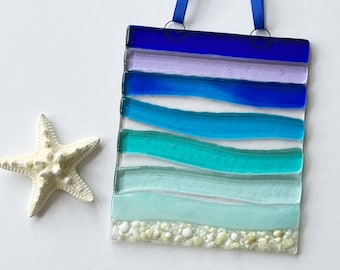 Wide Fused Glass Sea Ocean Beach Suncatcher, Light Catcher, Fused Glass Art, Glass Wall Art Decor, Glass Gift, Turquoise Blue Aqua Waves