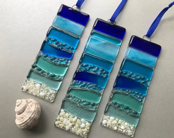 Fused Glass Sea Ocean Beach Suncatcher, Light Catcher, Fused Glass Art, Fused Glass Wall Art Decor, Glass Gift, Turquoise Blue Aqua Waves