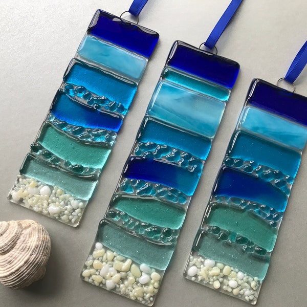 Fused Glass Sea Ocean Beach Suncatcher, Light Catcher, Fused Glass Art, Fused Glass Wall Art Decor, Glass Gift, Turquoise Blue Aqua Waves