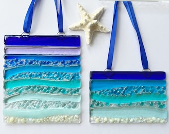 Wide Fused Glass Sea Ocean Waves Beach Suncatcher, Light Catcher, Fused Glass Art, Wall Art, Home Decor, Gift, Turquoise Blue Aqua Waves