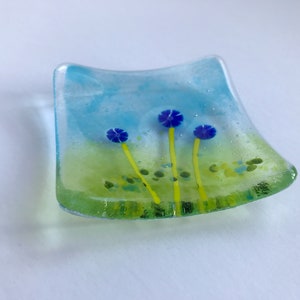 Fused glass trinket dish, jewellery, ring, earring dish, blue pink murrini flowers, handmade fused glass art, Mothers Day, thank you gift image 6