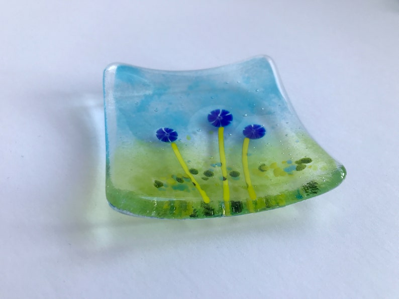 Fused glass trinket dish, jewellery, ring, earring dish, blue pink murrini flowers, handmade fused glass art, Mothers Day, thank you gift image 6