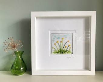 Fused Glass Art, Handmade Fused Glass Framed Picture in quality White Wooden Box Frame, Yellow Flowers, Wall Hanging, Glass Gift Present