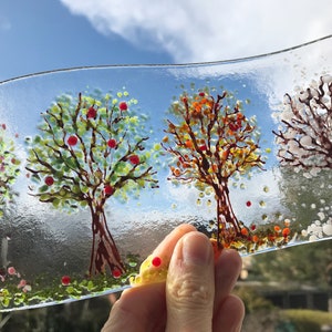 Fused Glass Four Seasons Apple Tree, Fused Glass Art, Freestanding Glass Panel Screen, Handmade Fused Glass Gift, Birthday Present