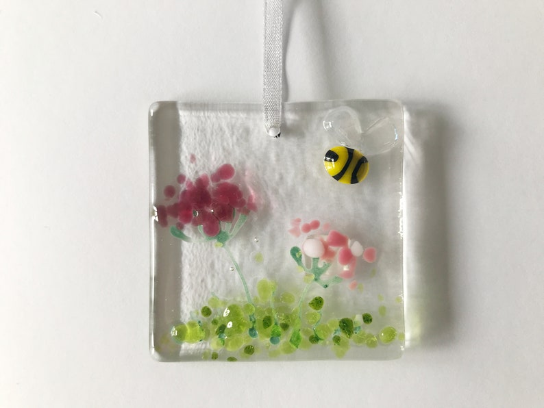 Handmade Fused Glass Card with detachable hanging decoration, fused glass keepsake, thank you birthday get well teacher mothers day card image 3