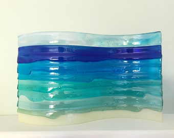 Large Fused Glass Seascape Wave, Fused Glass Art, Unique Contemporary Fused Glass Panel, Freestanding