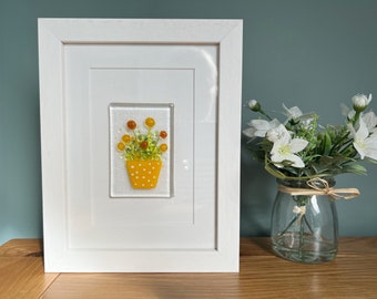 Framed Fused Glass Flowers Picture, Fused Glass Art, Cheery Yellow and Orange Flowerpot, White Wooden Frame, Fused Glass Gift