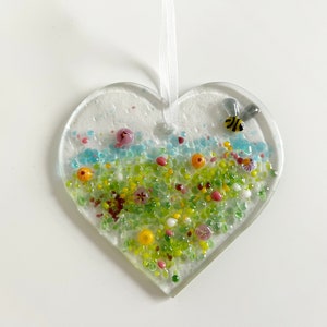 Fused Glass Heart Meadow Flowers and Bee Suncatcher, Fused Glass Hanging Decoration, Valentines, Mothers Day Gift image 2