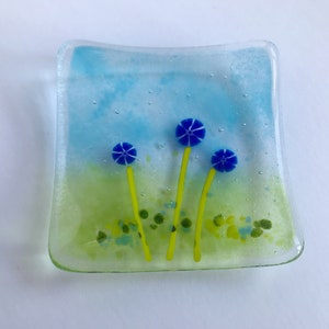 Fused glass trinket dish, jewellery, ring, earring dish, blue pink murrini flowers, handmade fused glass art, Mothers Day, thank you gift image 4