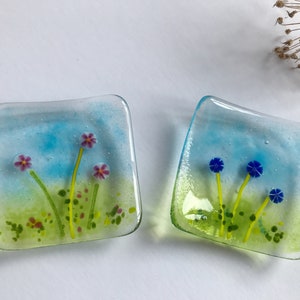 Fused glass trinket dish, jewellery, ring, earring dish, blue pink murrini flowers, handmade fused glass art, Mothers Day, thank you gift image 1