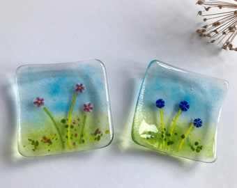 Fused glass trinket dish, jewellery, ring, earring dish, blue pink murrini flowers, handmade fused glass art, Mothers Day, thank you gift