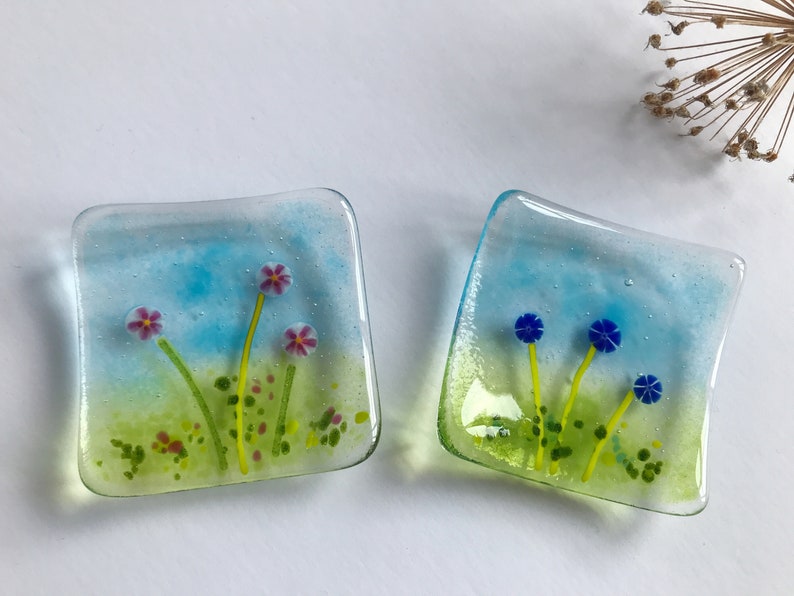 Fused glass trinket dish, jewellery, ring, earring dish, blue pink murrini flowers, handmade fused glass art, Mothers Day, thank you gift image 1
