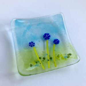 Fused glass trinket dish, jewellery, ring, earring dish, blue pink murrini flowers, handmade fused glass art, Mothers Day, thank you gift Blue Flowers