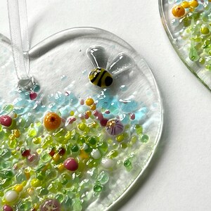 Fused Glass Heart Meadow Flowers and Bee Suncatcher, Fused Glass Hanging Decoration, Valentines, Mothers Day Gift image 5