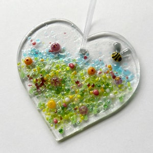 Fused Glass Heart Meadow Flowers and Bee Suncatcher, Fused Glass Hanging Decoration, Valentines, Mothers Day Gift image 3