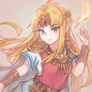 May include: A digital illustration of a female character with long blonde hair wearing a red and gold outfit. She is holding her right hand up, with a glowing orange flame behind her. The character is wearing a gold crown and necklace, and has green eyes.