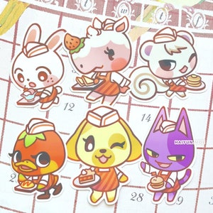 May include: Set of nine animal character stickers with different food items. The characters are wearing white and orange hats and aprons. The food items include a burger, a slice of pie, a plate of pancakes, a bowl of ice cream, a sandwich, and a tomato. The stickers are on a white and brown grid background.