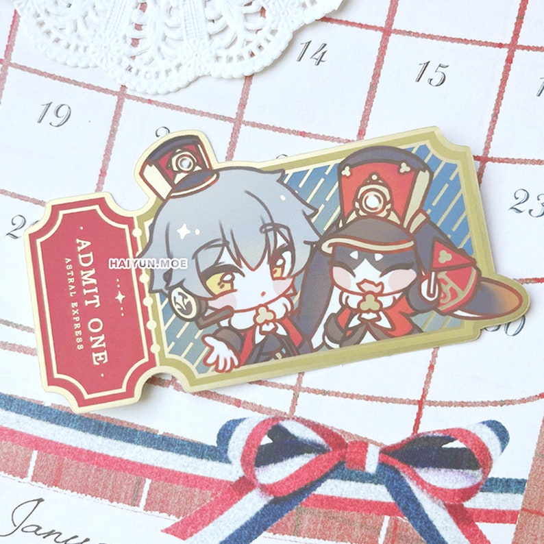 May include: A gold-colored ticket with the text "ADMIT ONE" and "ASTRAL EXPRESS" printed on it. Two cartoon characters are pictured on the ticket, one with grey hair and a red hat, and the other with black hair and a red hat. The ticket is on a white background with a calendar grid.