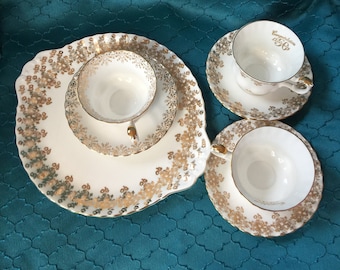 Royal Albert Fine Bone China  3 teacups and Saucers and cake serving plate  50th Anniversary Golden Wedding