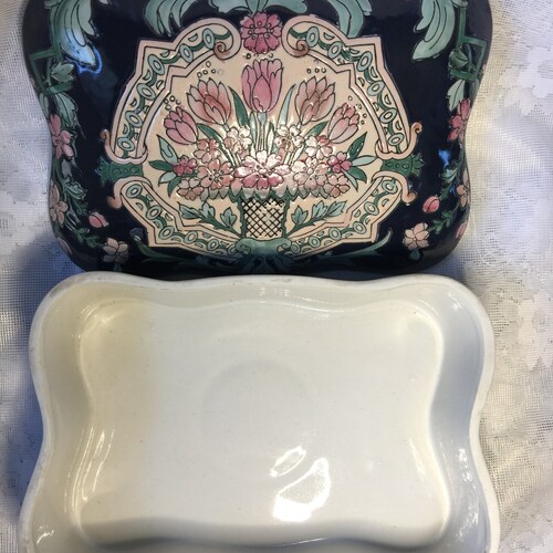 Large chinoiserie floral shops trinket porcelain box storage organization jewelry box