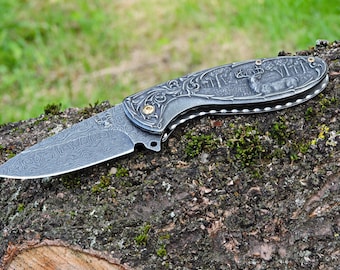 Elk Jack Folding Pocket Knife – 3Cr13 Steel Blade Spring Assisted Deer Engraving Tactical EDC Knife with Clip – Hunting Camping Gift for Men