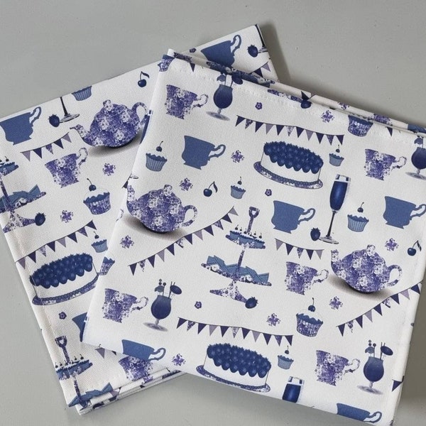 Blue & white napkins set of 2 Afternoon tea,party cakes, champagne and bunting design on 100% cotton half panama made in England