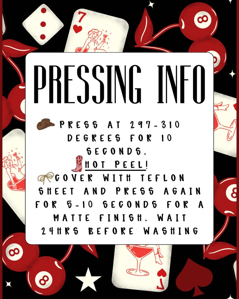 May include: A black background with red cherries, playing cards, and dice surrounds a white rectangle with the text "PRESSING INFO". The text provides instructions for pressing at 297-310 degrees for 10 seconds, hot peel, and other steps.