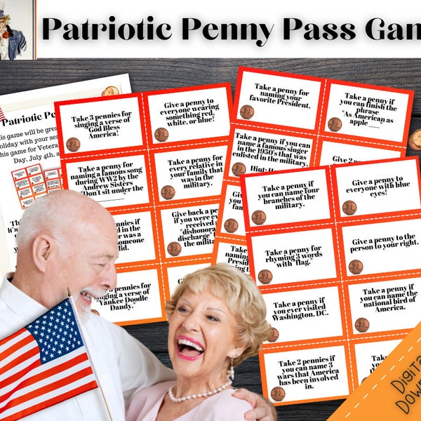 Patriotic Game, Penny Pass Game, Senior Party Game, Ice Breaker Game, Nursing Home Game, Downloadable Game