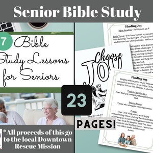 May include: A colorful graphic with the text "Senior Bible Study" and a picture of three older adults sitting on a porch. The graphic also includes the text "7 Bible Study Lessons for Seniors" and "23 PAGES!" with a green and white color scheme. The text "*All proceeds of this go to the local Downtown Rescue Mission" is also included.