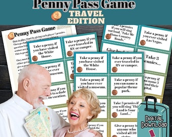 May include: A game of Penny Pass with a travel theme. The game includes cards with prompts like "Take a penny if you have visited the White House" and "Take a penny if you have ever traveled in an RV or camper".