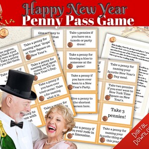以下が含まれることがあります： ペニーをテーマにした、印刷可能な大晦日のゲーム。ゲームカードには、プレイヤーがペニーを獲得するためのさまざまなプロンプトが記載されています。たとえば、「キャビアを食べたことがある人はペニーをもらえます。」や「お気に入りの新年の食事を挙げたらペニーをもらえます。」などです。