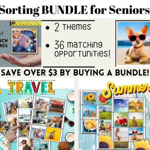 May include: A digital download bundle of two 3x3 inch sorting games for seniors. The games feature images of travel and summer themes. The text "SAVE OVER $3 BY BUYING A BUNDLE!" is displayed at the top of the image.