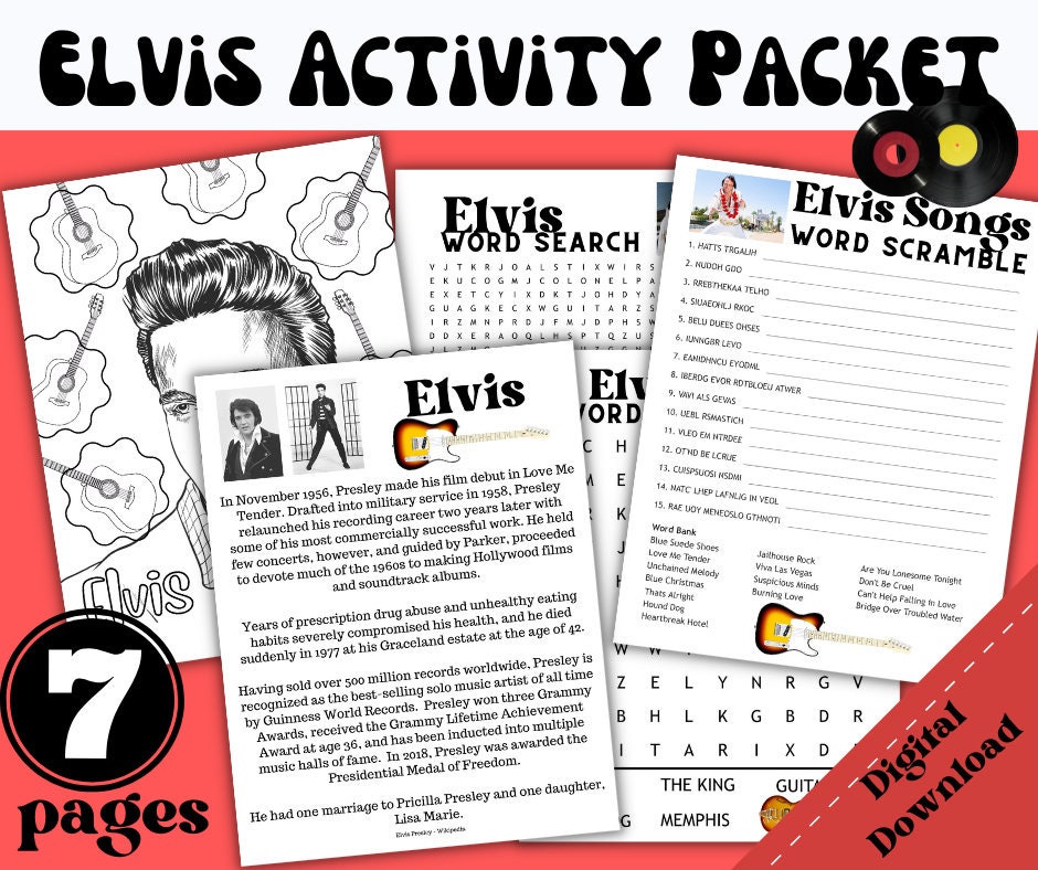 Elvis Activity Packet: Biography, Puzzles, Coloring (Digital Download)