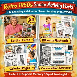 以下が含まれることがあります： 54ページのレトロな1950年代シニア向けアクティビティパック。仕分けカード、エチケットフラッシュカード、塗り絵、会話のきっかけが含まれています。画像には1950年代をテーマにした様々なビジュアルとテキストが表示されています。