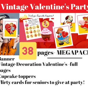 Vintage Valentine&#39;s Party Pack: Decorations, Banner, Cards (PDF Download)
