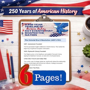 Puede incluir: Un portapapeles con un documento titulado A 250-Year Timeline of American History Key Events That Shaped The Nation, con un gráfico de águila azul, texto histórico y una etiqueta de 6 Pages!, junto a un cuaderno rojo y lápices.